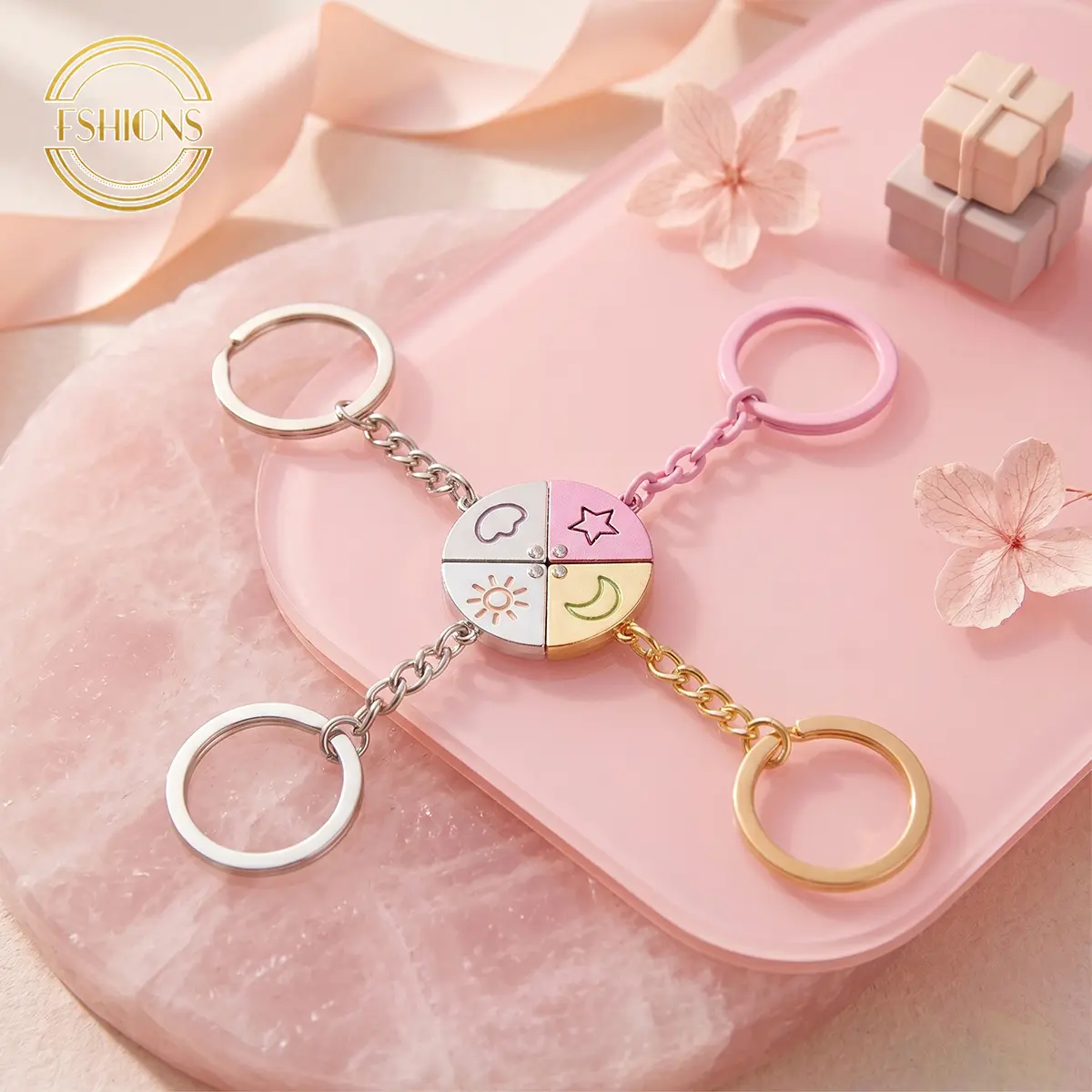 Sun Moon Star Cloud Magnetic Keychain 4-Piece Set Colorful Puzzle Matching Friendship Family Couple Keyring Trendy Gift