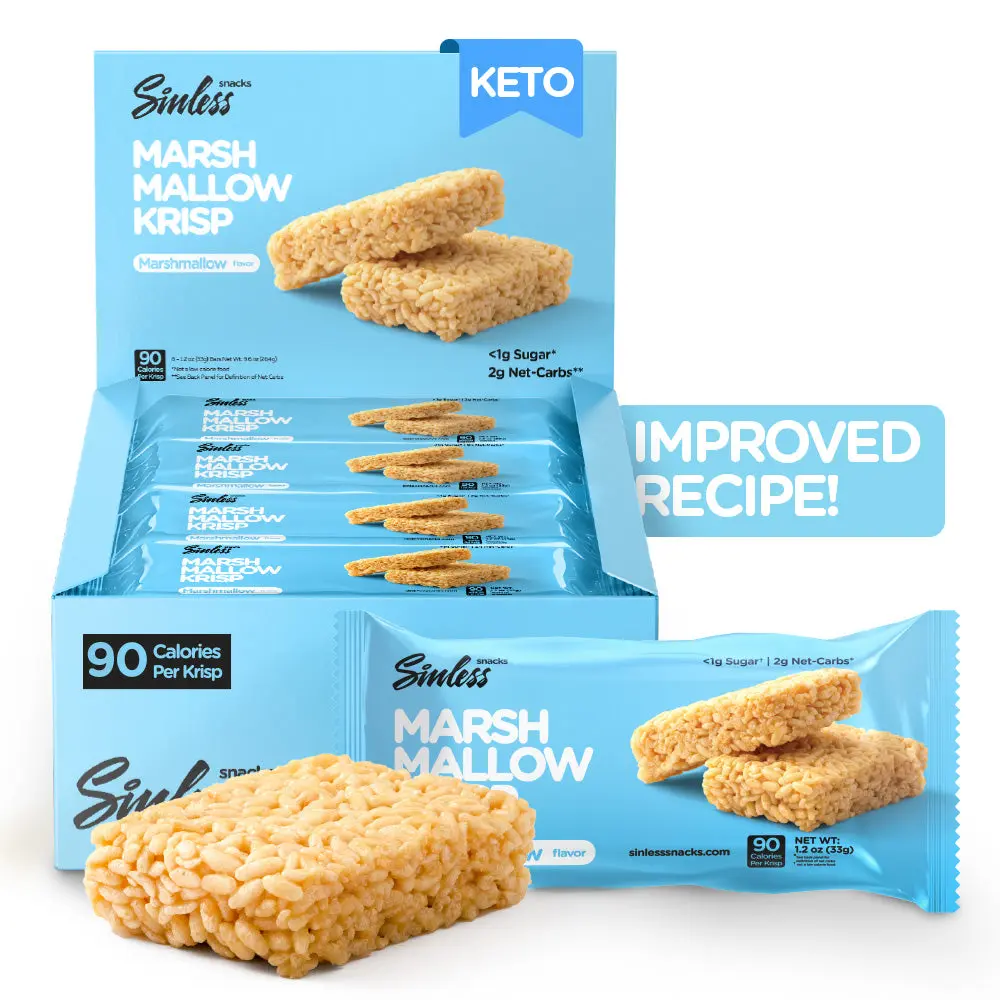 Sinless Snacks Marshmallow Krisp Allulose Nutrition Bar - High Protein Low Calorie, No Sugar, Gluten Free Keto Rice Crispy Treat with 10g Protein, 90 Cal, 2g Net Carbs, High Protein Low Calorie Nutrition Bars, No Sugar Nutrition Bars Natural Almond