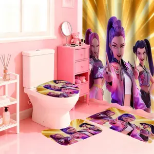 1/4 Pcs cartoon figure KPOP Print pattern bathroom set with shower curtain and carpet,  bathroom shower curtain set with 12 hooks, including bath mat and U-shaped floor mat, toilet seat oval rug to add a stylish touch to your home decor