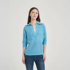 Women's Short Sleeve Relaxed Polo Collar Sweater - A New Day Blue L