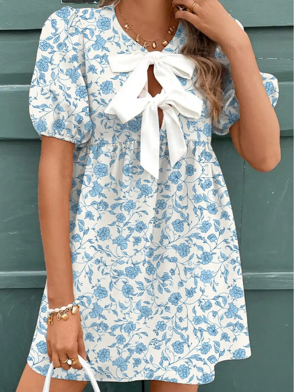 Sky Blue Floral Contrast Bow Puff Sleeve Mini Dress Elegant V Neck High Waist Babydoll Dress Chic Short Sleeve Summer Holiday Party Mini Dress for Women
