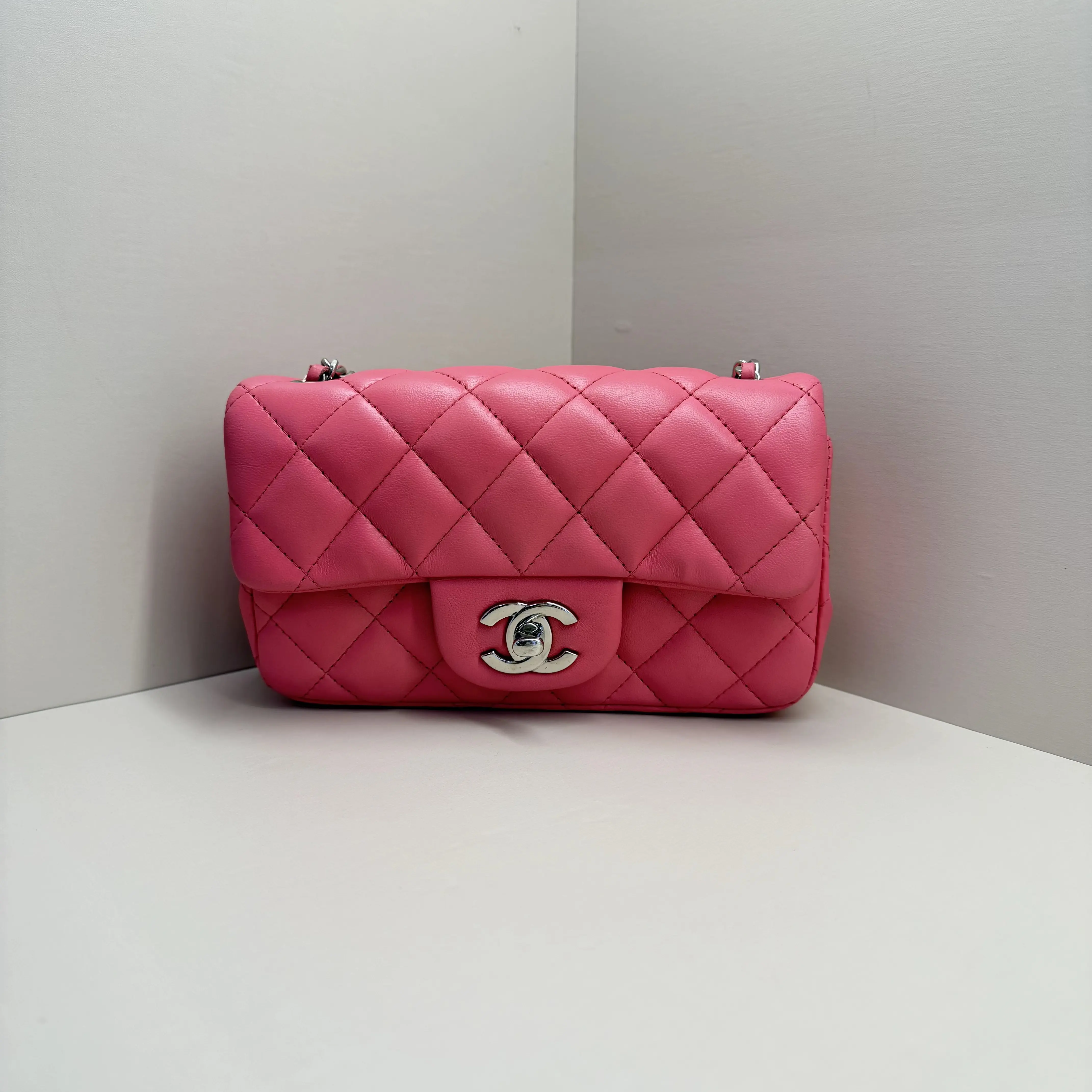Pre-owned CHANEL Extra Mini Classic Flap Bag, Bubblegum Pink Lambskin Leather with Silver Tone Hardware (Serial #16414331, Circa 2012, Made in France)A184 HK