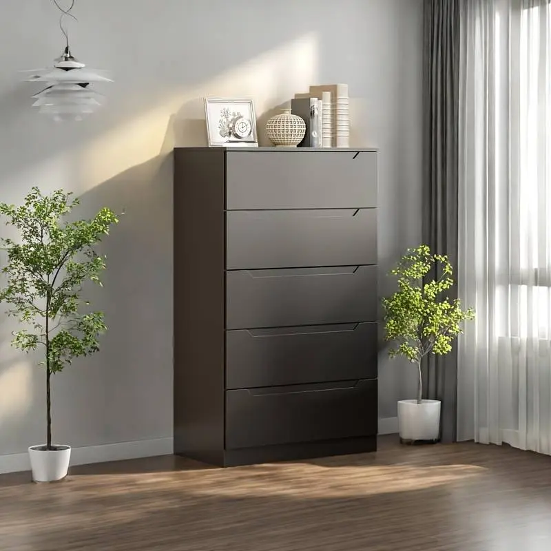 48-in High Wooden Tall 5-Drawer Cabinet - Deep-Drawer Home Storage Organizer for Bedroom, Living Room - Modern Home Supplies Storage Rack (White/Black), Drawer Organization, Deep Drawers