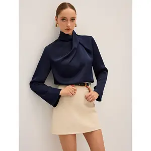 Satin pleated high neck shirt