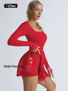 Women's Solid Criss Cross Backless 2 in 1 Sports Dress, Long Sleeve Square Neck Tennis Dress, Ladies Sportswear for Indoor Outdoor Wear