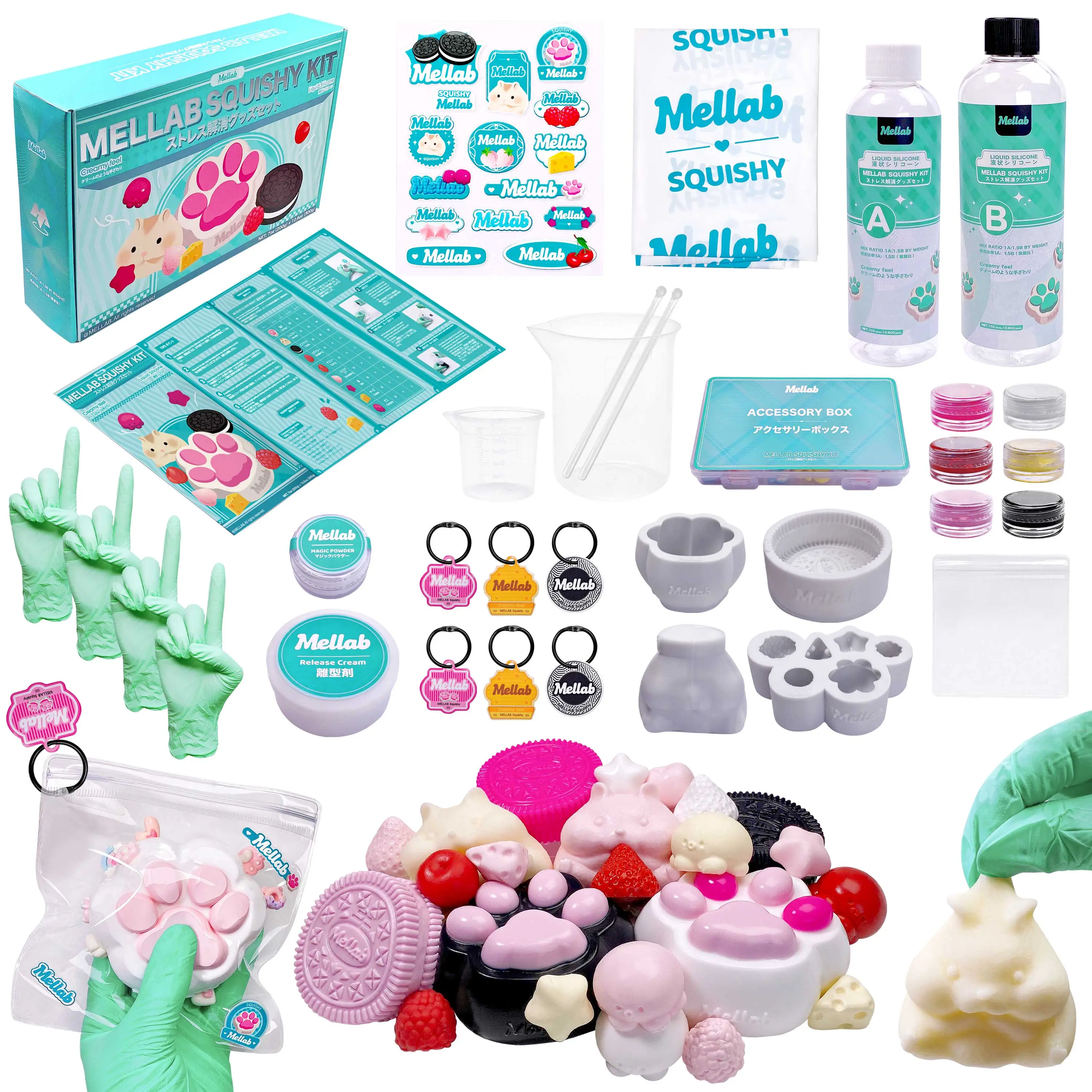 MELLAB Taba Squishy Making Kit - 18oz Creamy Gel, STEM Creative Stress Relief Set with Guided Instructions, 9 Molds (Cat Paw, Hamster, Biscuit, Strawberry, Star, Cherry, Cheese, Raspberry, Octopus) for Relaxing ASMR, Occasion Gifts, Stress Relief Squishy,