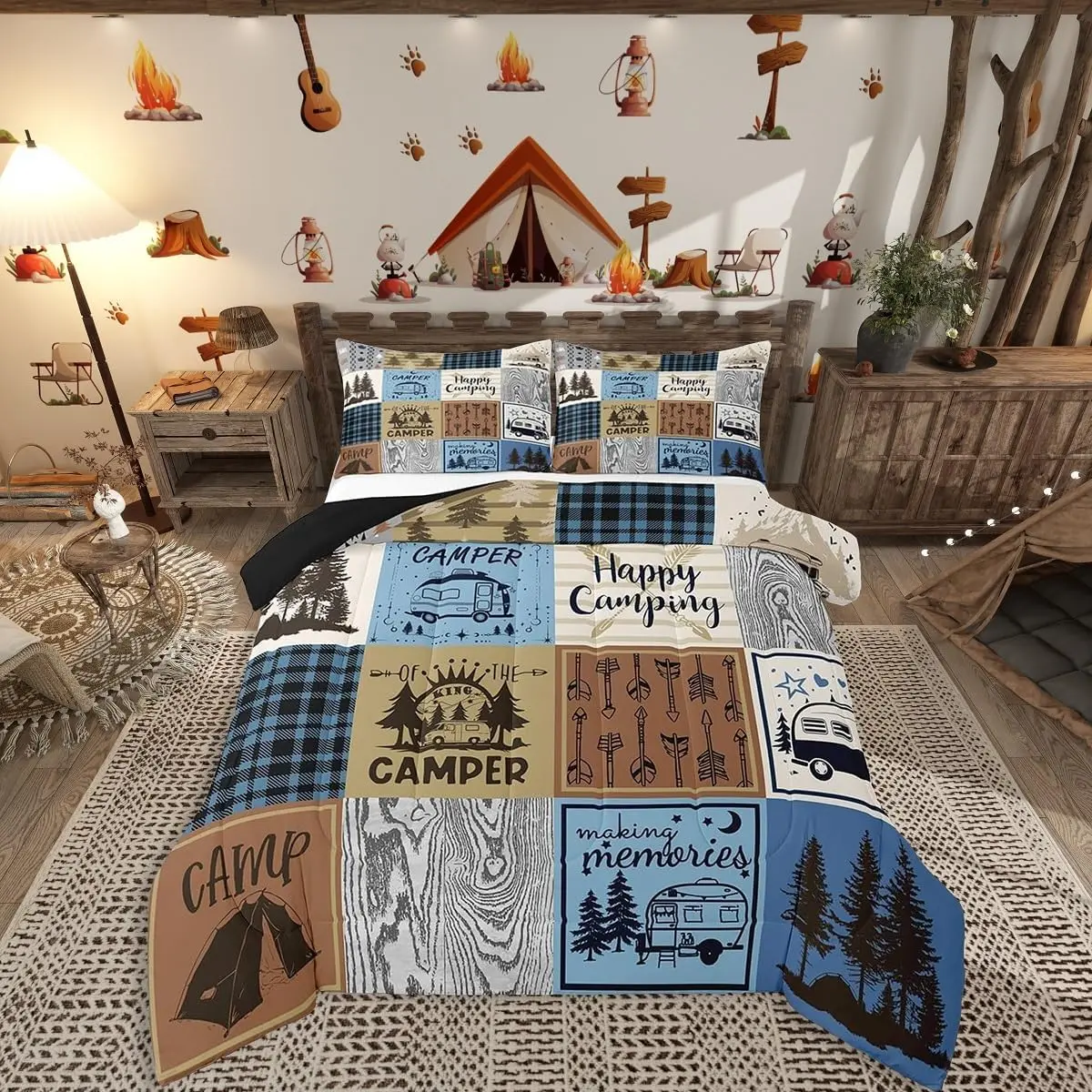 Feelyou RV Camper Bedding Set - Lightweight Warmth Polyester Fiber Duvet Quilt, Multi-Size, Rustic Theme Patchwork Plaid with Buffalo Plaid Pine Trees Design, RV Car Interior Decor Accessory
