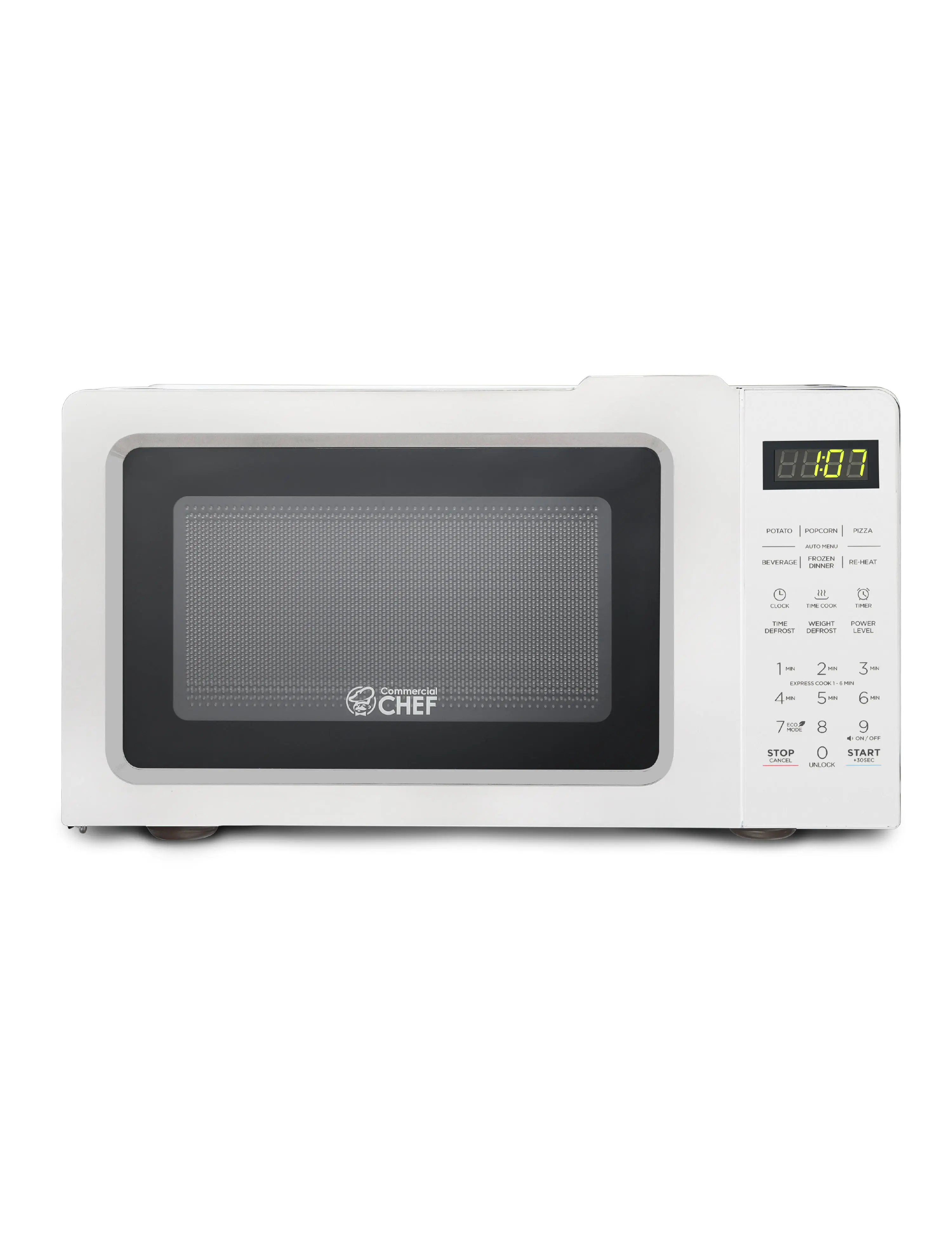 Commercial Chef 0.7 Cu. Ft. Countertop Microwave Oven, Touch Controls with Digital LED Display, 700W Small Microwave, Recessed Door Handle, 10 Power Levels, CHM770W, White