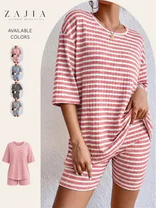 Women's 2-Piece Pajama Set, Striped Oversized Tee and Shorts, Comfortable Lounge Wear, Perfect for Home Relaxation, Pjs