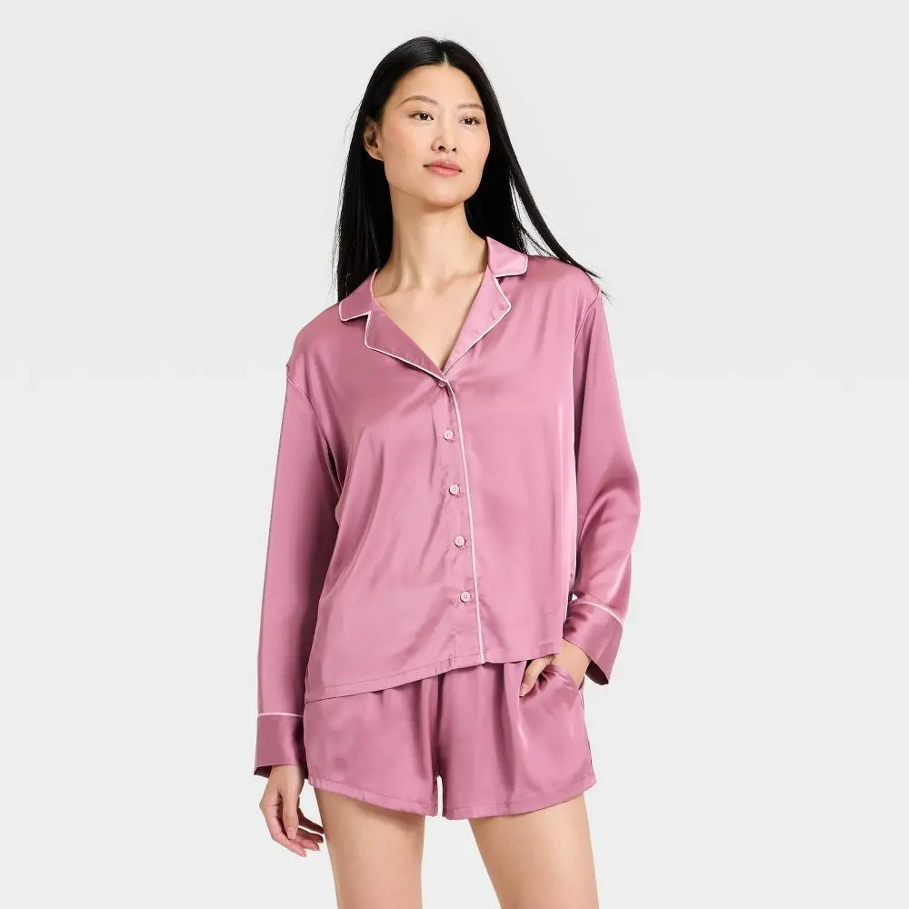 Women's 2-Piece Luxury Satin Notch Collar Long Sleeve Top & Shorts Pajama Set - Auden, Spandex-Polyester Fabric Loungewear