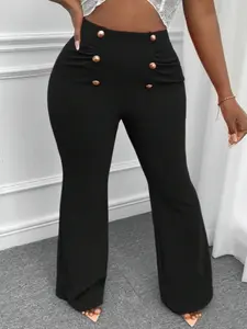 【Plus Size】 Solid Ruched Button Front Flared Leg Pants, Chic Casual Comfy High Waist Bell Bottom Trousers for Daily Wear, Women's Bottoms for All Seasons