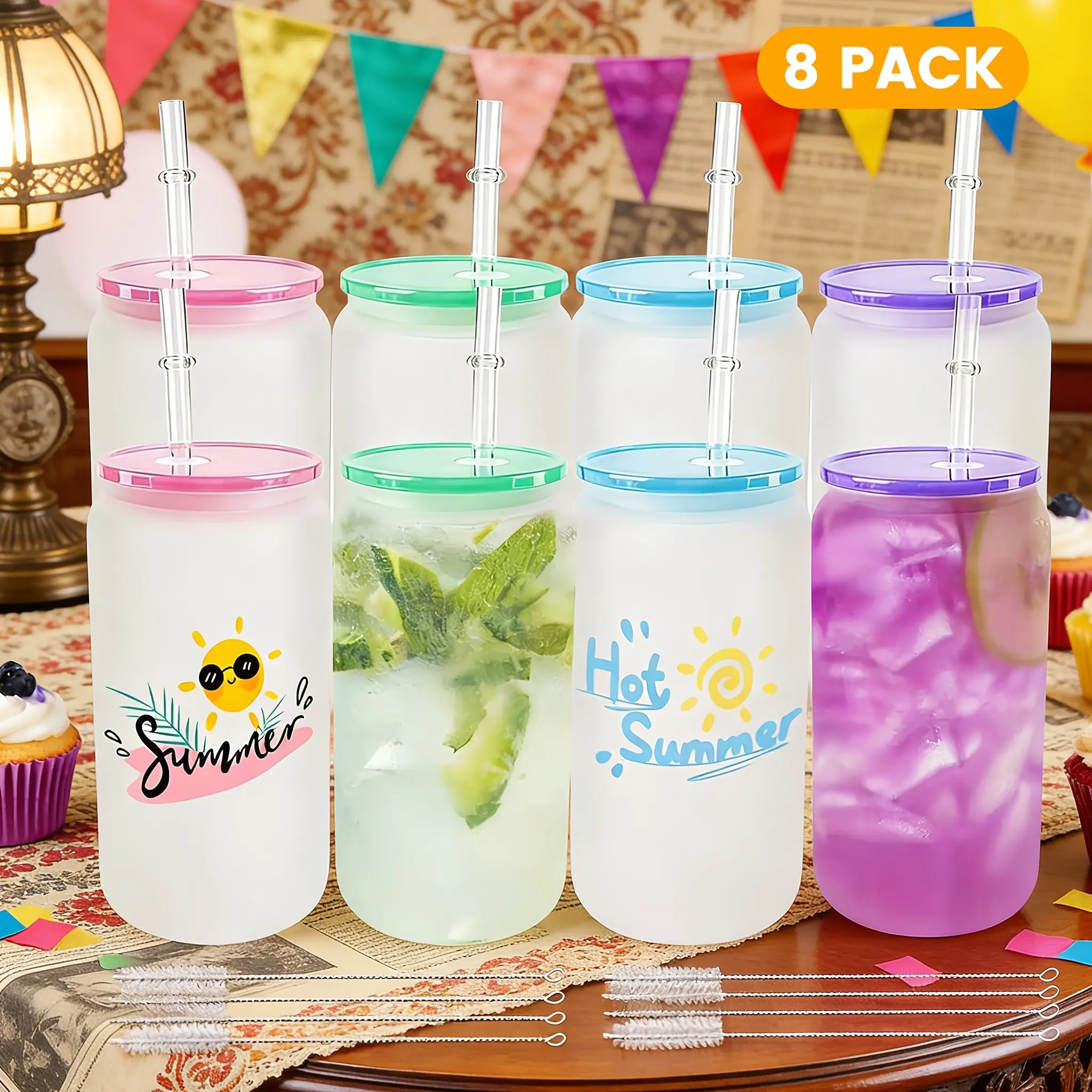 16 Oz Frosted Sublimation Borosilicate Glass Can Tumblers - 8/12 Pack with Acrylic Lids, Water Bottles for Juice, Iced Coffee
