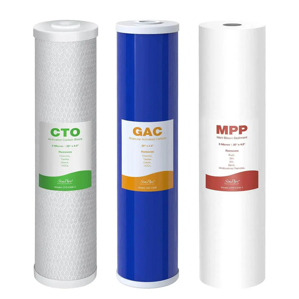 SimPure 3-Stage 20"x4.5" Whole House Water Filter Cartridge Replacement Set, 5 Micron Sediment-GAC-KDF-CTO Carbon Filters for DB20P, DGD-5005-20, EP20-BB – ANSI Tested for Trusted Home Use, Chlorine & KDF Cartridge Water Filtration & Softeners