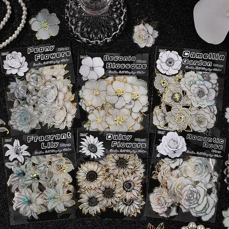 Garden of Fragrance 3D gold foil holographic floral sticker set – beautiful die-cut flowers for journaling, scrapbooking, diorama scenes, and creative collage. Perfect decorative material.