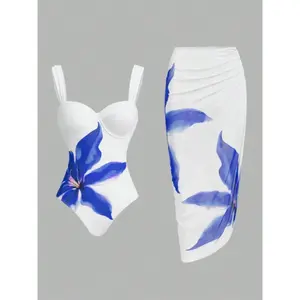 Women's Colorblock Floral Print One-Piece Swimsuit & Tulle Cover Up Skirt Set, Swimsuit Coverup, Casual Fashion Swimwear Set for Beach Holiday Vacation, Ladies Swimsuit for All Seasons