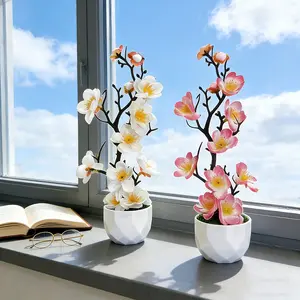 2pcs Round Pot Plum Blossom Bonsai Creative Decorative Piece, Home Living Room Desktop Decoration, Realistic Waxberry Ornament