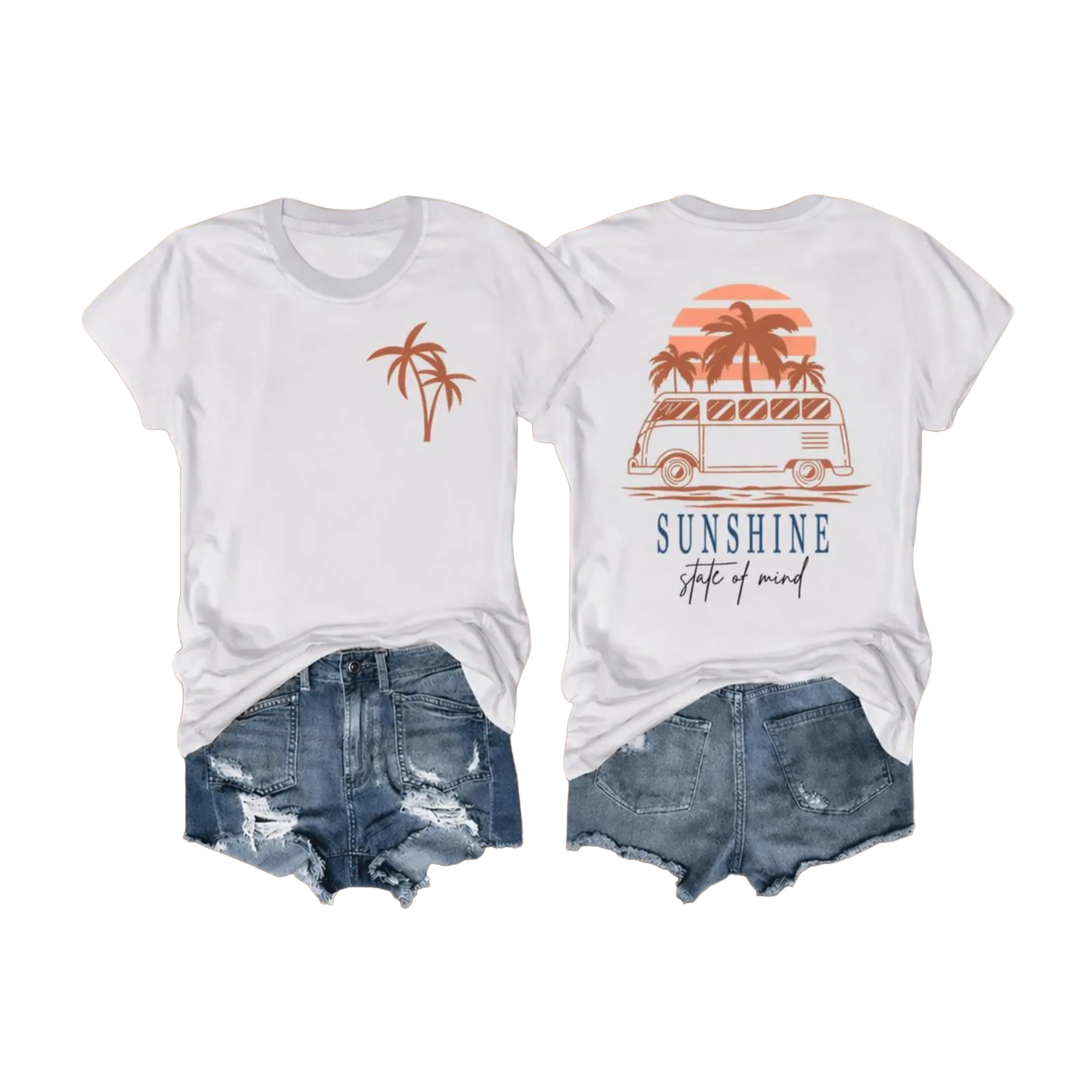 Women's Graphic T-Shirt with Sunshine Van Print - 100% Cotton Classic Fit, Breathable Short Sleeve Round Neck Casual Top, Sportswear, Shortsleeve, Activewear, Fitted, Thanksgiving, Basic, Sports Clothes, Streetwear, Casual Chic, Fabric