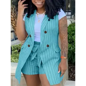 Elegant Women's Plus Size Striped Suit - Deep V Neck,Slight Stretch Polyester,Short Pants Set | Comfortable, Stylish Vest Jacket Clothes Collar Gamis