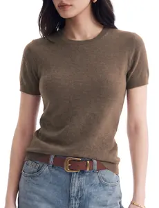 C202 Women Wool Blend Crew Neck Short Sleeve Knit Top | Lightweight Soft Quiet Luxury Minimalist Business Casual Work Outfit Spring Summer