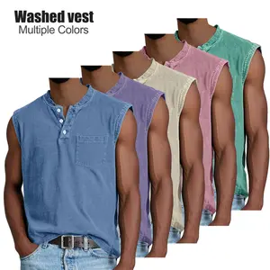 Cotton Men's Acid Wash Vintage Sleeveless Henley Tank Top, Button-Up Workout & Gym Vest with Chest Pocket, Casual Streetwear for Men