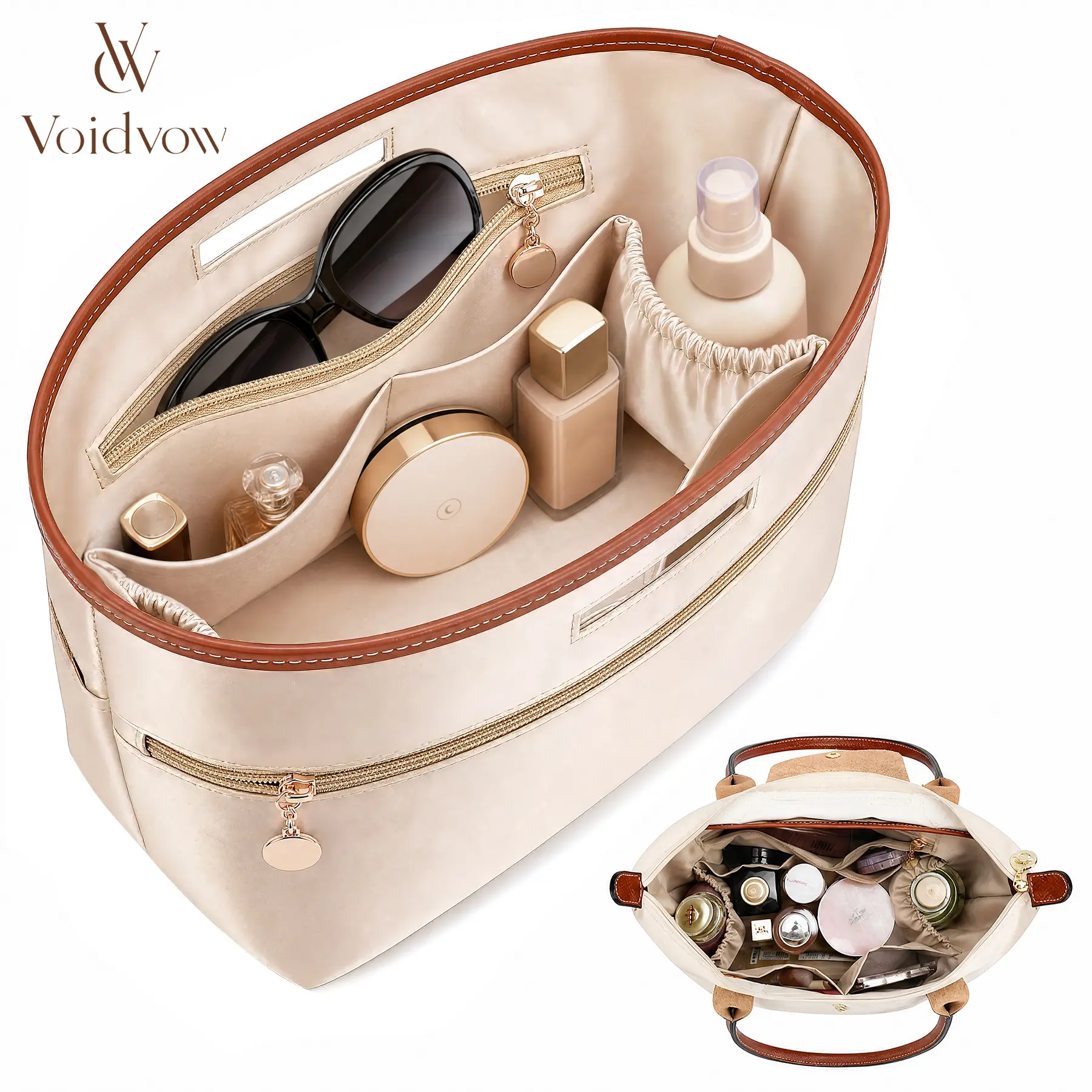 Tote bag organizer with handles, satin handbag organizer, compatible with Longchamp Le Pliage Tote Bag, LV Neverfull MM, Coach City 33, Speedy 30, G.oyard PM, and other styles. Handbag divider organizer, beige / Large, Medium, Small