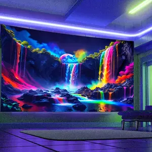 1pc Vibrant Waterfall Rainbow Forest Nightscape Tapestry - UV Blacklight Reactive, Galaxy Nature Landscape Polyester Wall Hanging for Home Decor