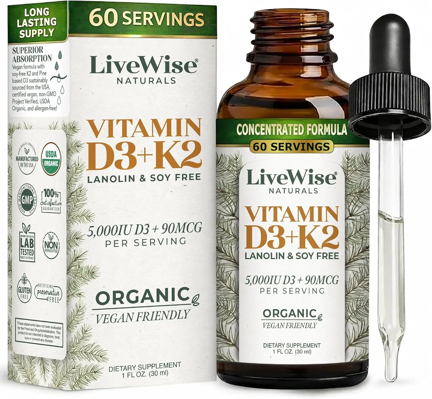 Vegan D3 K2 Vitamin 5000 IU, 90 MCG (MK-7) Drops - 60 Servings, Ultra Concentrated Formulation, and Fast Absorption - Precision Micro-Dosing Dropper for Cognitive & Immune Support