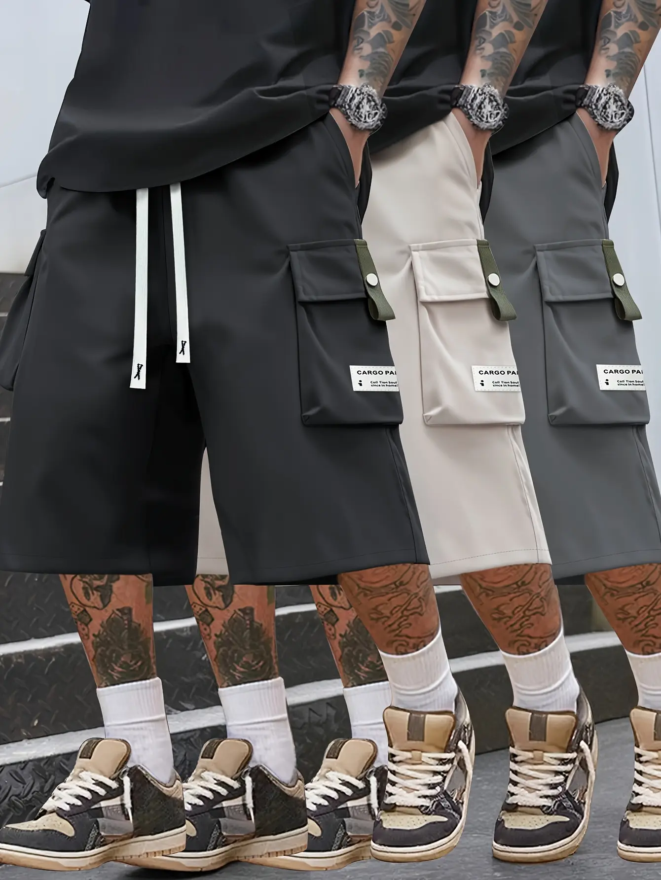 3-Pack summer thin men's tooling cropped pants waist belt drawstring large pocket letter patch letter fashion trend casual sweatpants suitable for daily wear and casual going out