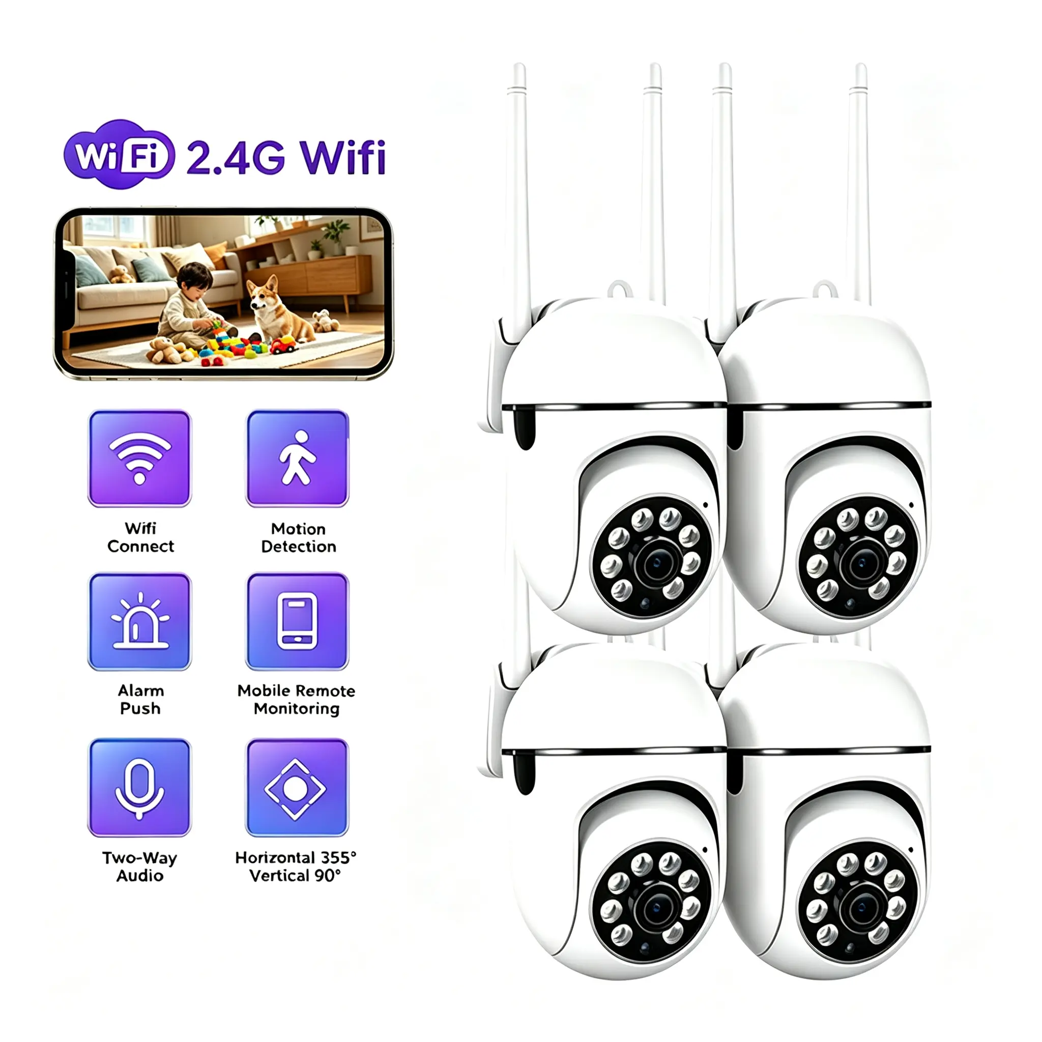 4PCS Smart Home Security Camera, 360° Rotatable, 1080P Full-Color Night Vision, Motion Detection 2-Way Audio, WiFi Easy Install, App Remote View, Cloud Storage for Baby/Pet Monito