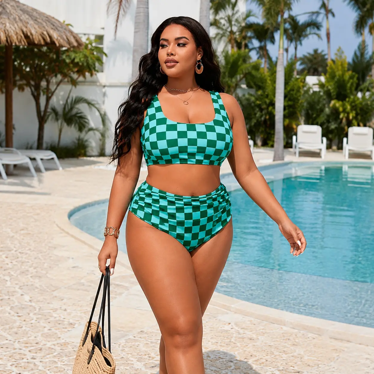 Plus Size Green Checker Print Bikini Set for Women High Waisted Two Piece Swimsuit Scoop Neck Wide Strap Swimwear Retro Graphic Beach Pool Vacation Bathing Suit