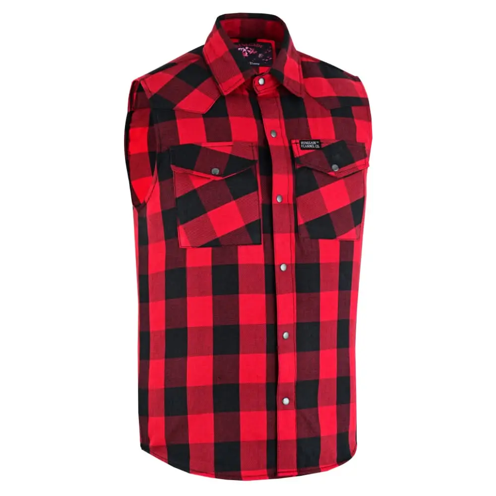 Red Rider™ Men's Fashion Plaid Vest Top - Love-Stitch Red and Black Cotton Flannel Shell, Sleeveless Casual Clothes with Pocket, Snap Closure, Glasses Holder