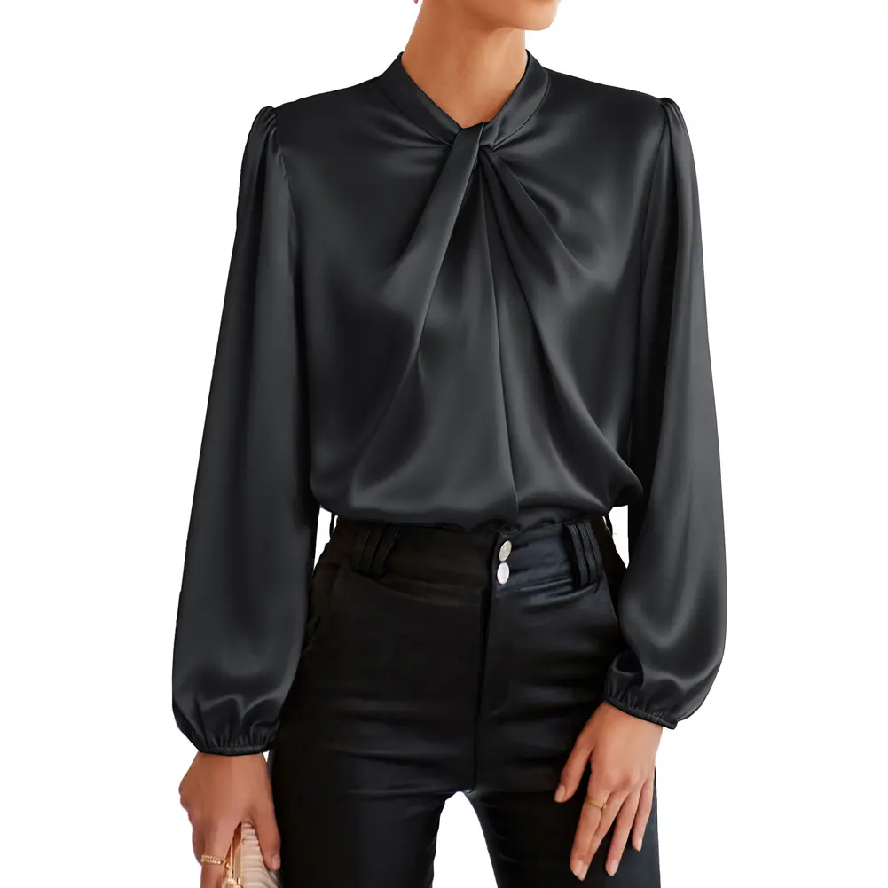 Grace Karin Women's Elegant Solid Satin Mock Neck Blouse with Lantern Sleeves, 2% Viscose Buttons, for Business Casual Office Work Attire & Going Out, All Seasons, Check Size Chart (Size: L, 2XL)
