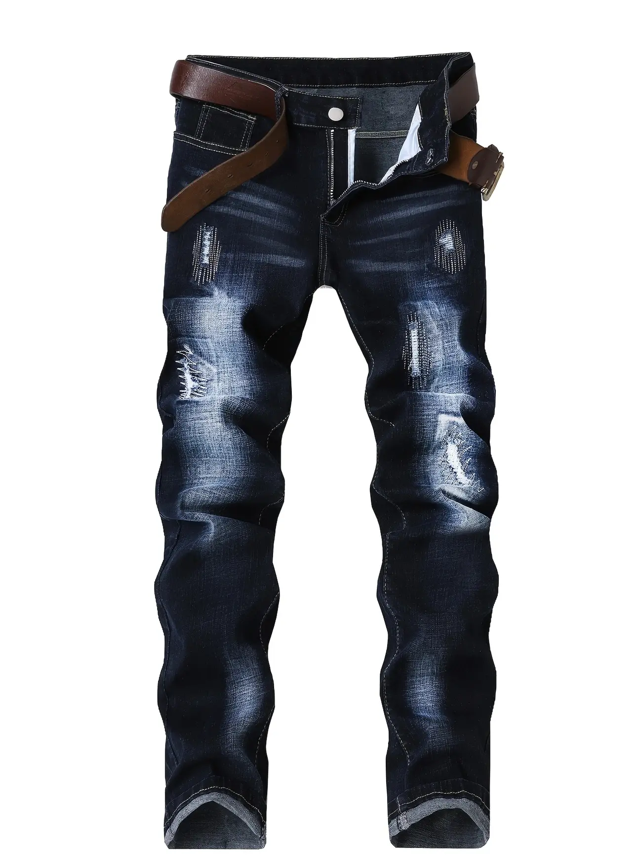 Men's Dark Blue Ripped Stretch Flared Slim Fit Denim Jeans - Machine Washable, Casual, Chic, Elastic Fitted, Embroidered Streetwear Pants with Unique Stacked & Tie Dye Design, Fashion Apparel for Him, Thanksgiving, Valentine's Day, All Seasons