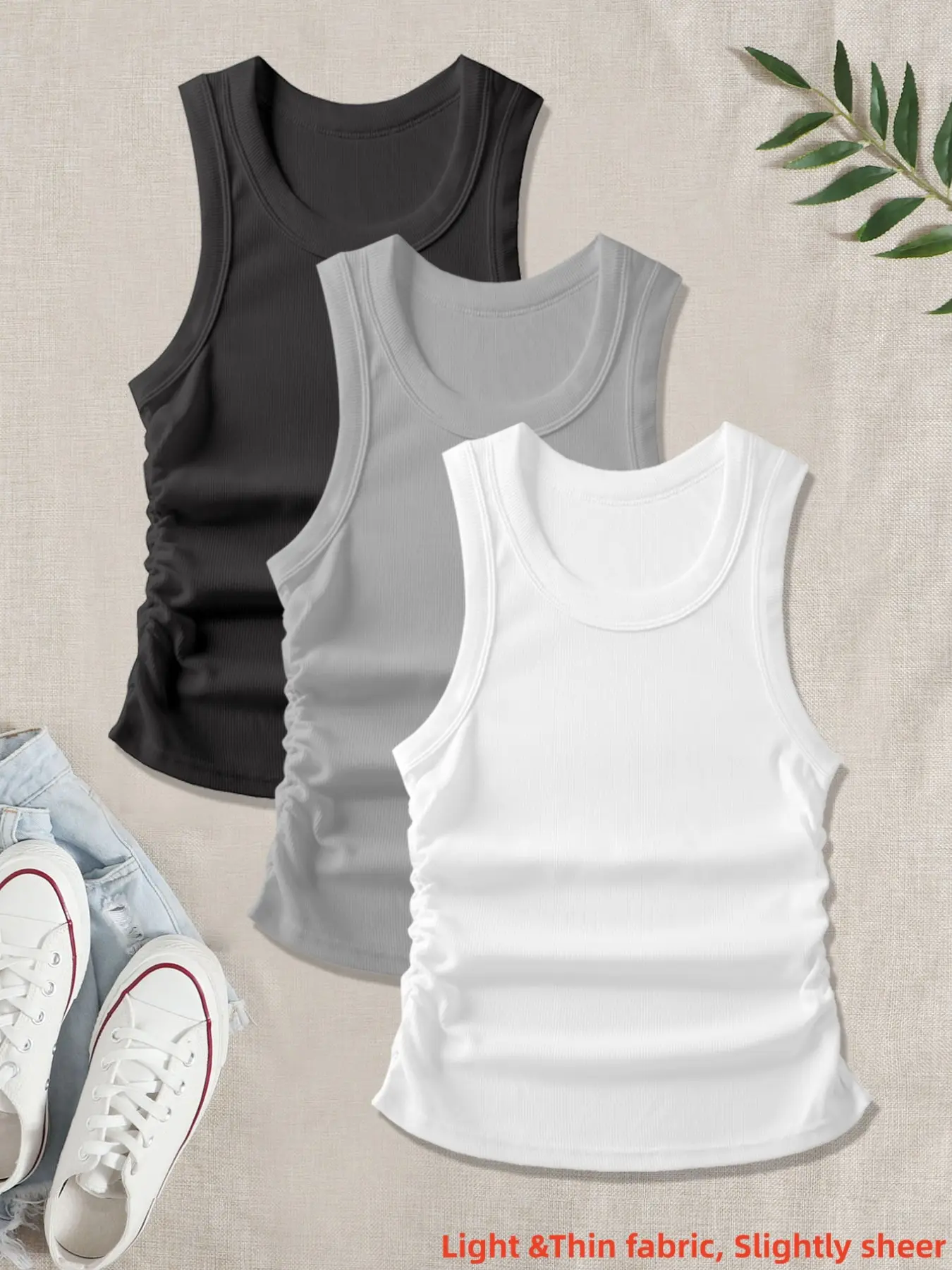 Women's Casual Breathable Sleeveless Vest Set, Comfortable Elastic Side Straps, Fitted All Season Underwear, Pack of 3