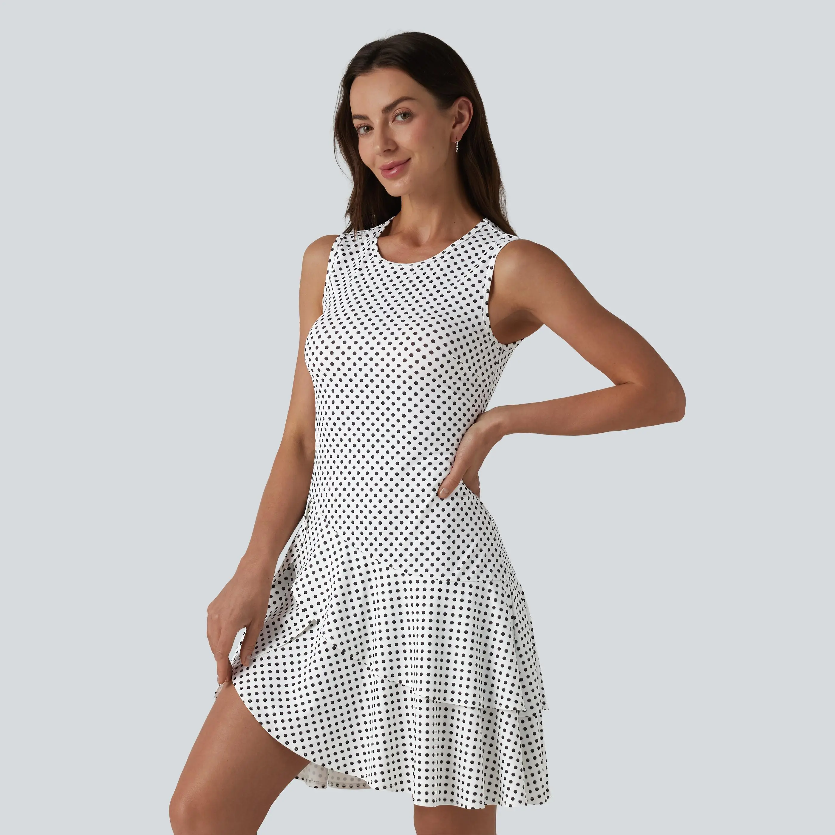 Halara Round Neck Sleeveless Layered Ruffle Hem Polka Dot Mini Casual Dress