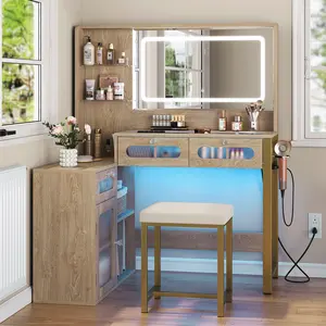 42.7-Inch Makeup Vanity Desk Set with RGB Lights, Tempered Mirror, Drawers, Large Cabinet, Power Outlet and 3 Color Modes for Bedroom Cosmetic Storage