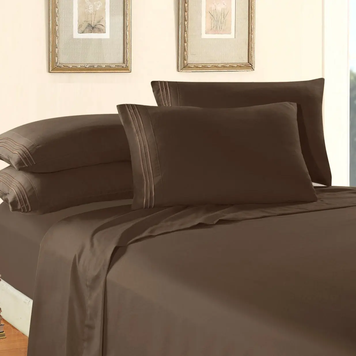 Mocassi 6-Piece Embroidered Bed Sheet Set - 3-Line Embroidery, 1800 Thread Count Hotel Premier Microfiber, Hotel Style Bedding, Cooling, Dark Colors, Embroidered Bed Set