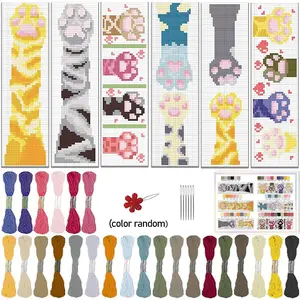6-Piece Cat-Themed Cross Stitch Bookmark DIY Kit, Fabric Bookmarks with Cat Paw Design, Beginner-Friendly Embroidery Sewing Set