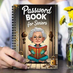 1 pc cartoon spiral password book for the elderly - 70 pages, lock design notebook, Spiral Bound Notepad, with character art, secure password & login organized by home or office use, security tools, cover art