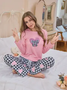 Sweet Girl Bow Print Long Sleeve Pajama Set, Women's Spring Autumn Round Neck Pullover Two-Piece Set, Casual Fitted Heart Pattern