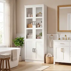 Homieasy 79.7" Tall Kitchen Pantry Storage Cabinet, Freestanding Kitchen Hutch Cabinet with Tempered Glass Doors, Modern Display Bookcase with Adjustable Shelves for Living Room, Dining Room