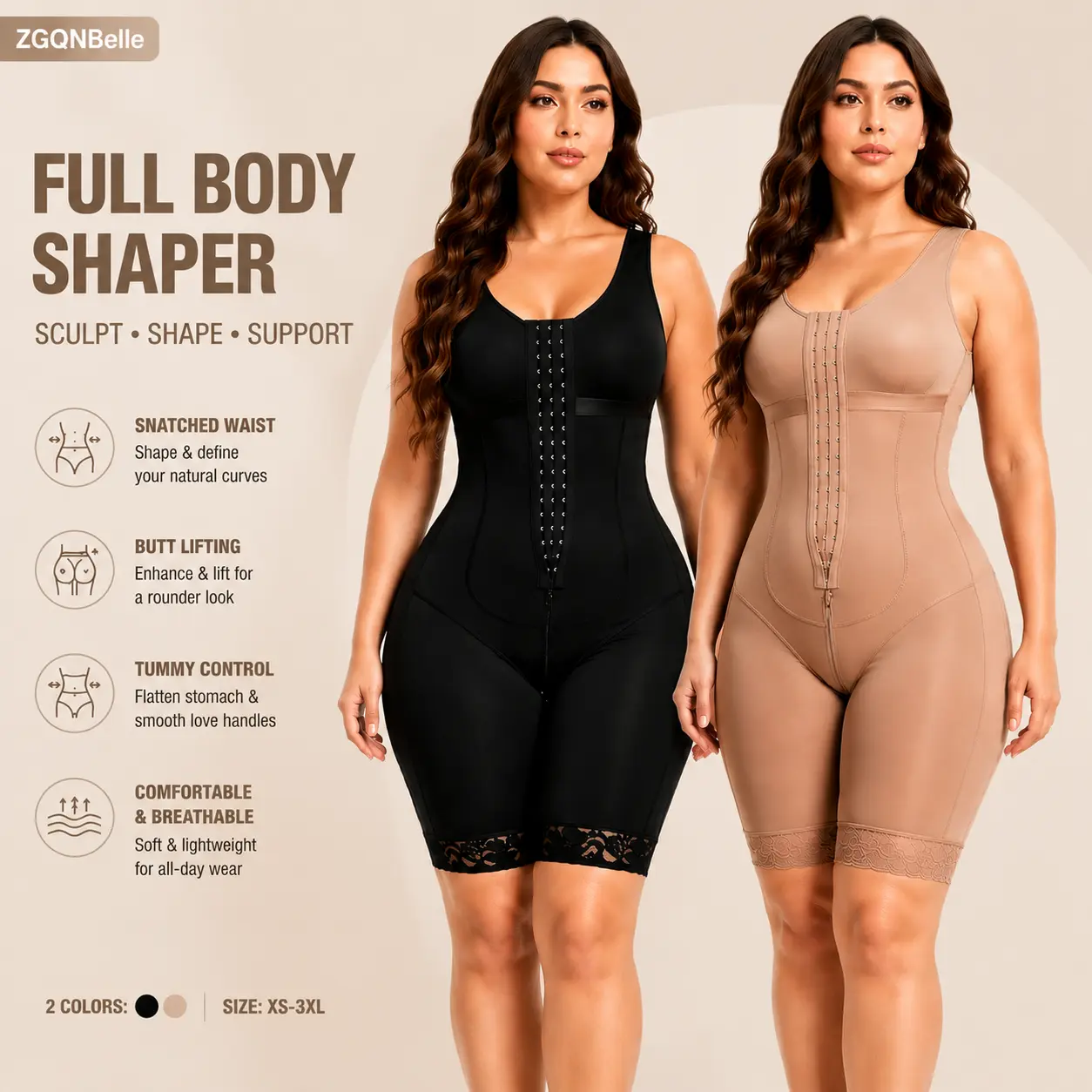 ZGQNBelle Faja Colombianas Post Surgery Lipo Compression Bodysuit Women Tummy Control Butt Lifter Double Layer Waist Trainer Spiral Bones Shaper Corset Full Shapewear Zipper Minimalist