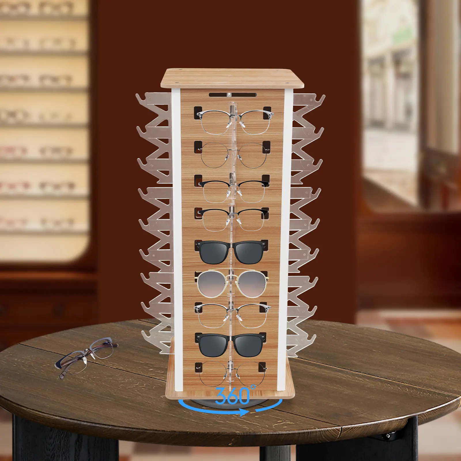 CNCEST Freestanding 360-Degree Rotating Square Sunglasses Organiser, Durable 36-Pair 4-Sided Maple Wood & Black MDF Rack, 14.17x14.17in Storage Holder for Home, Optical Store Displays with Easy Customer Access, Rotates