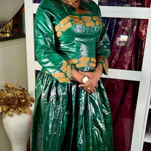 Emerald Royalty Bazin Gown - Green with Gold Accents, Long Sleeve, Elegant Design, Perfect for Special Occasions