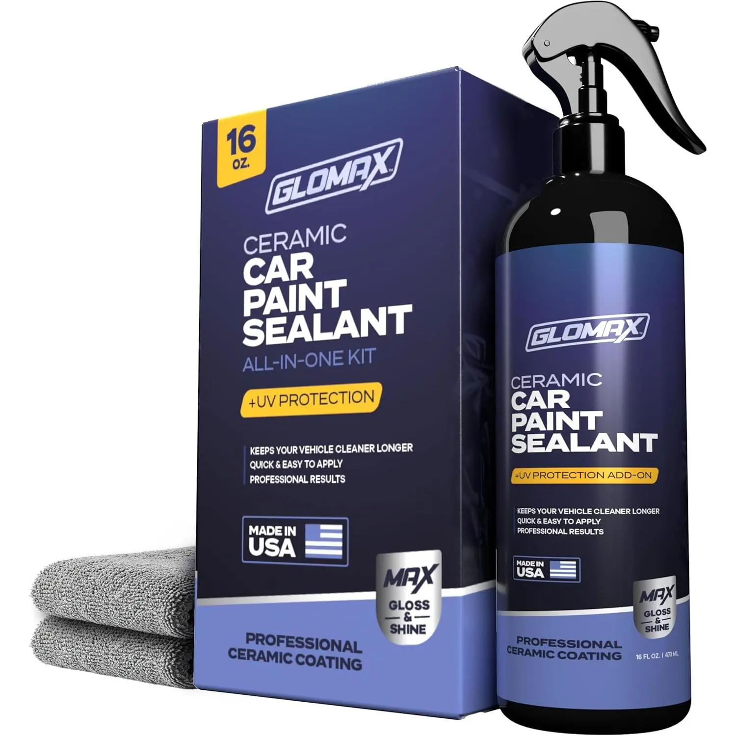 Ceramic Coating For Cars (16 oz.) - Hydrophobic Ceramic Car Wax Spray With Added UV PROTECTION - LONG LASTING Shiny Car Stuff - Spray Wax For Cars With 2 Micro Fiber Towels, Waterless Wash