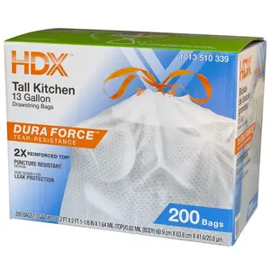 Kitchen Garbage Bags, 13 Gal Reinforced Top Drawstring Unscented Tall Trash Bags with 20% PCR, 200-Count Box