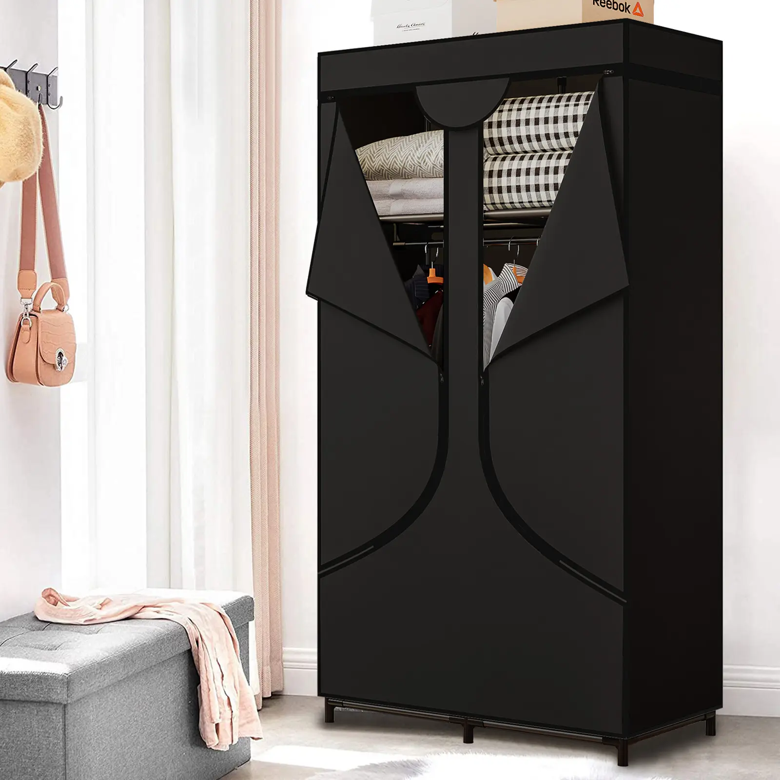 SUOERNUO Portable Closet - 34 in Dustproof Non-Woven Fabric Organizer Wardrobe, Stand Alone Wardrobe with Clothes Hanging Rack, High Stability Modular Storage Furniture for Bedroom