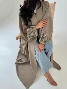 L139kaishan（1-Piece Taupe Linen-Blend Open Abaya with Floral Embroidered Sleeves, Casual Modest Muslim Kimono Outerwear）