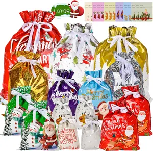 Christmas Drawstring Gift Bags, 15 PCS Xmas Gift Bags with 15 Tags 7 Design 5 Size Large or Small Wrapping Bags, Reusable Christmas Goody Bags Xmas Tie Bags for Party, Presents, Holiday Decorations CSYY