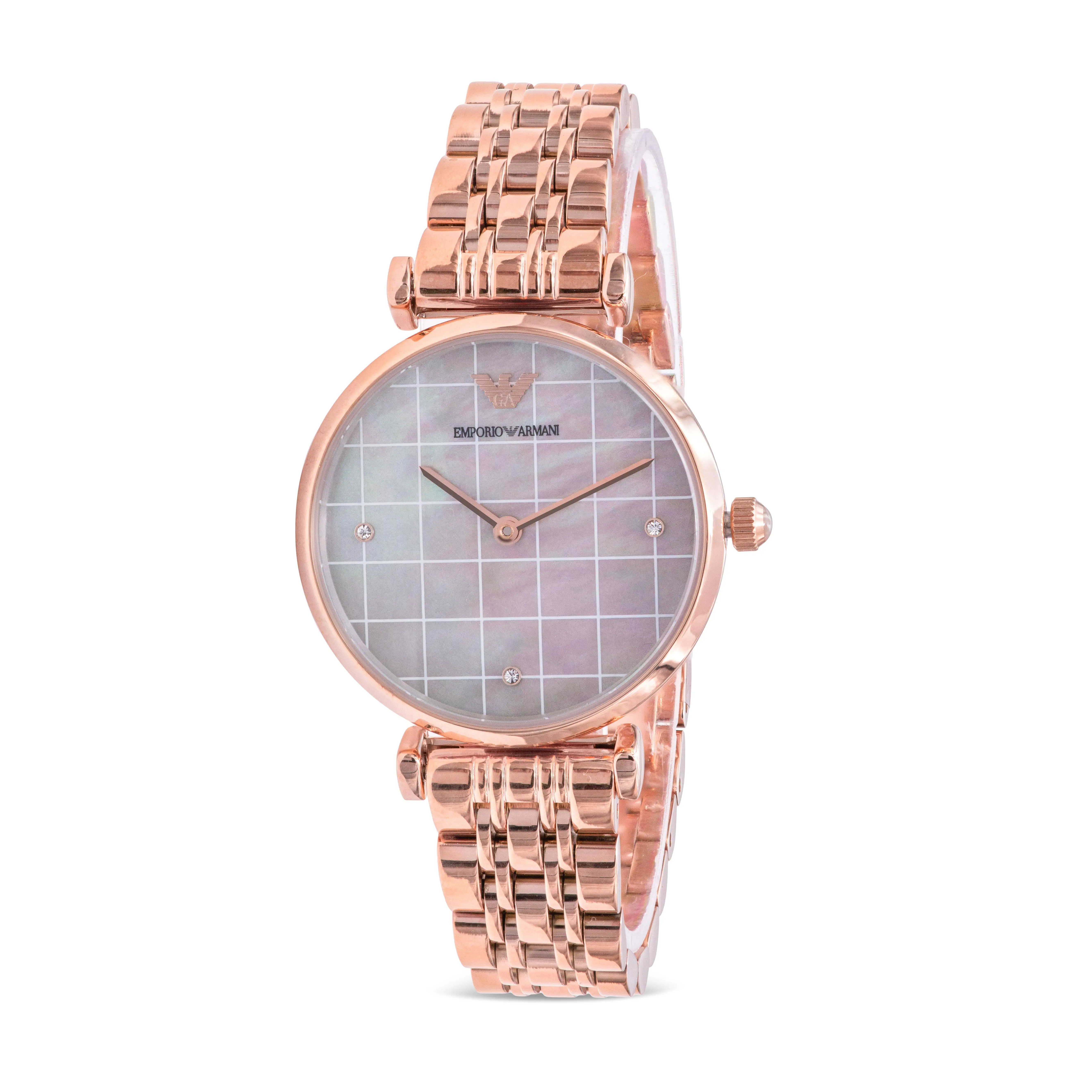 Emporio Armani Women's Classic Round Watch, 32mm Rose Gold-Tone Stainless Steel with Grey Mother of Pearl Dial, Everyday Wear Style AR11385, Female, Mother Pearl, Ladies, 30M - 50M, Quartz, Ladies Watch